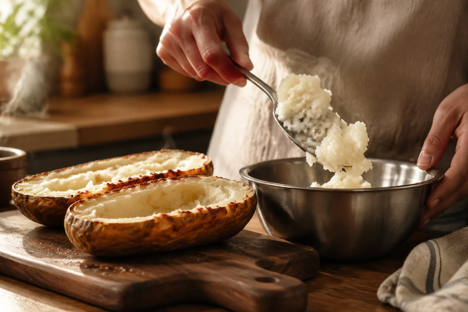 Scooping flesh from baked potatoes to make twice baked potatoes filling