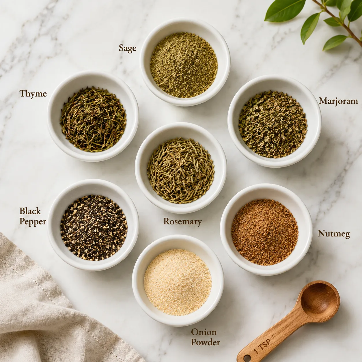 Homemade poultry seasoning ingredients measured in small bowls overhead flatlay