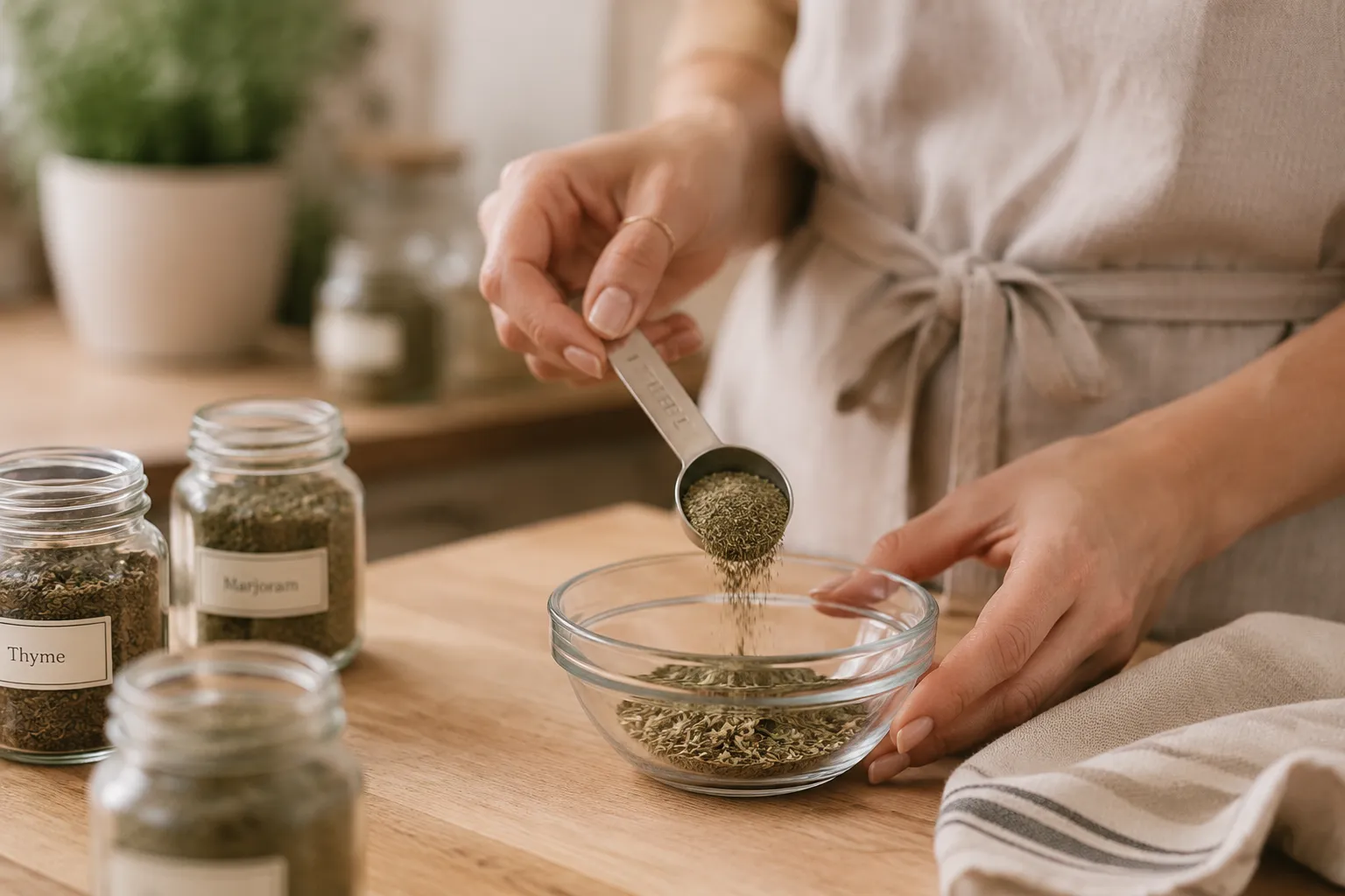 Adding ground sage to bowl while making homemade poultry seasoning