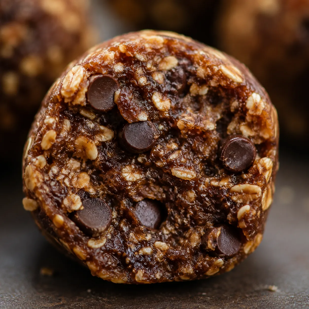 Macro close-up of a peanut butter protein ball cut in half