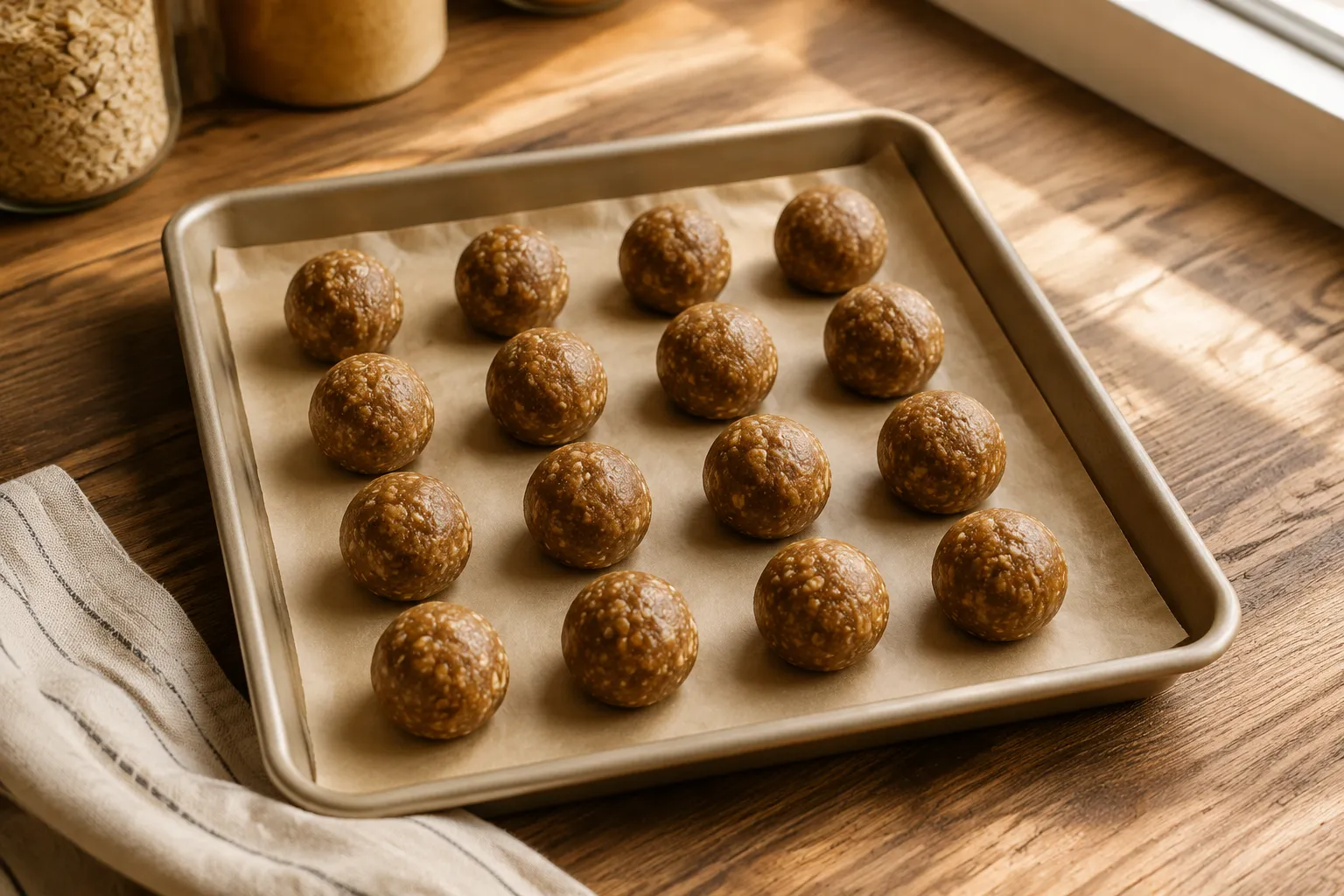 Finished protein balls recipe arranged on a parchment-lined sheet pan