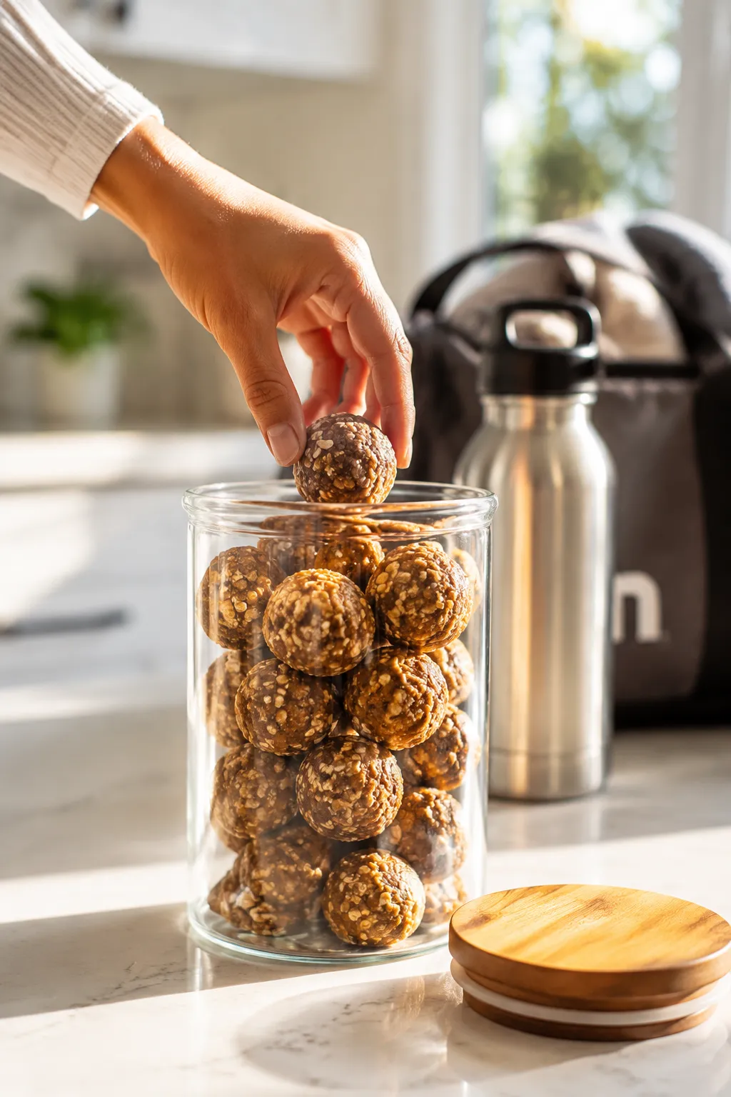Grabbing a peanut butter protein ball from a meal-prep jar