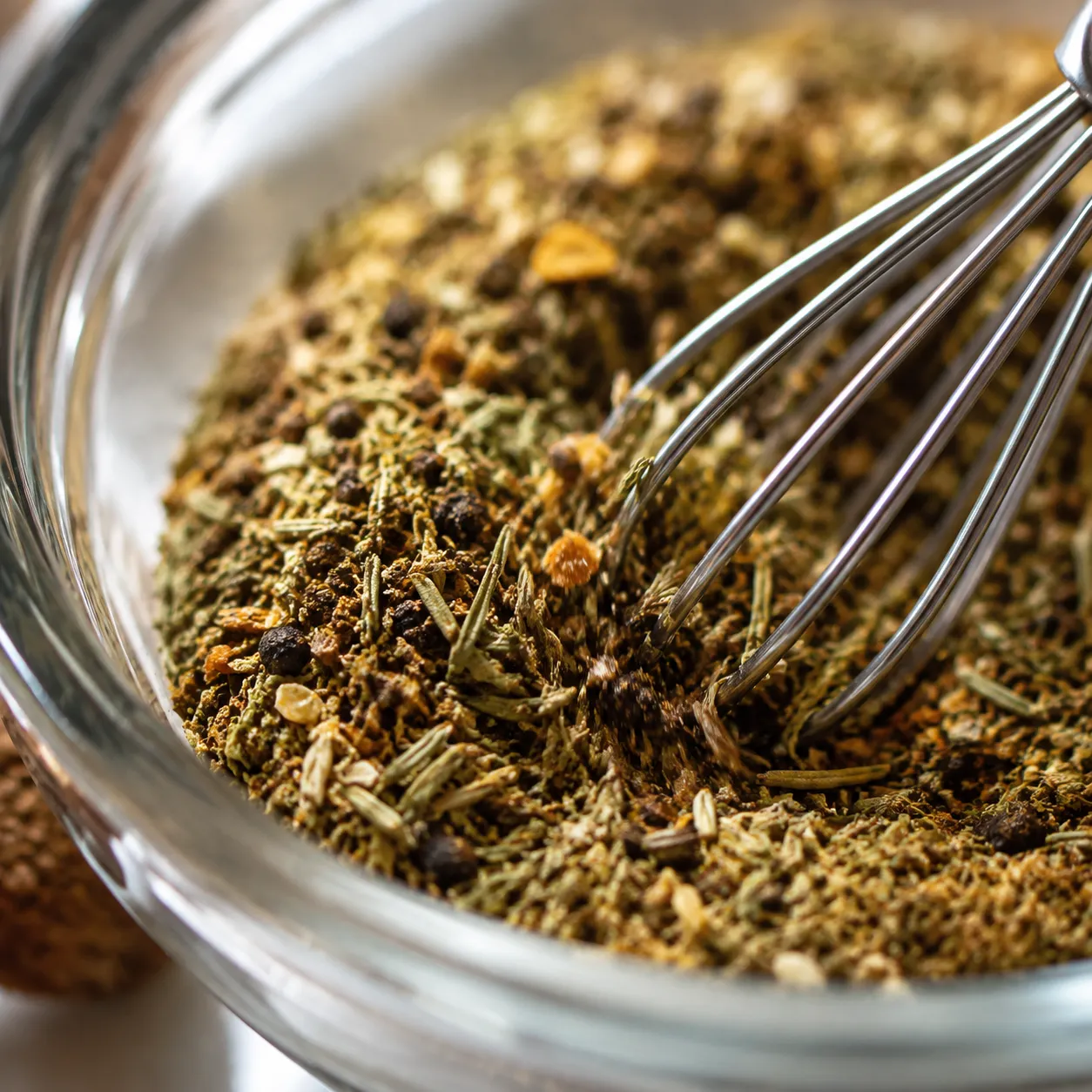 Whisking dried herbs together to make poultry seasoning recipe