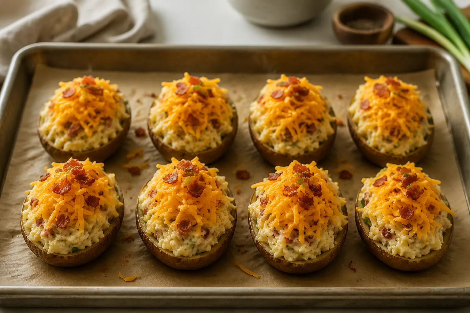 Stuffed potato skins on a sheet pan before the second bake