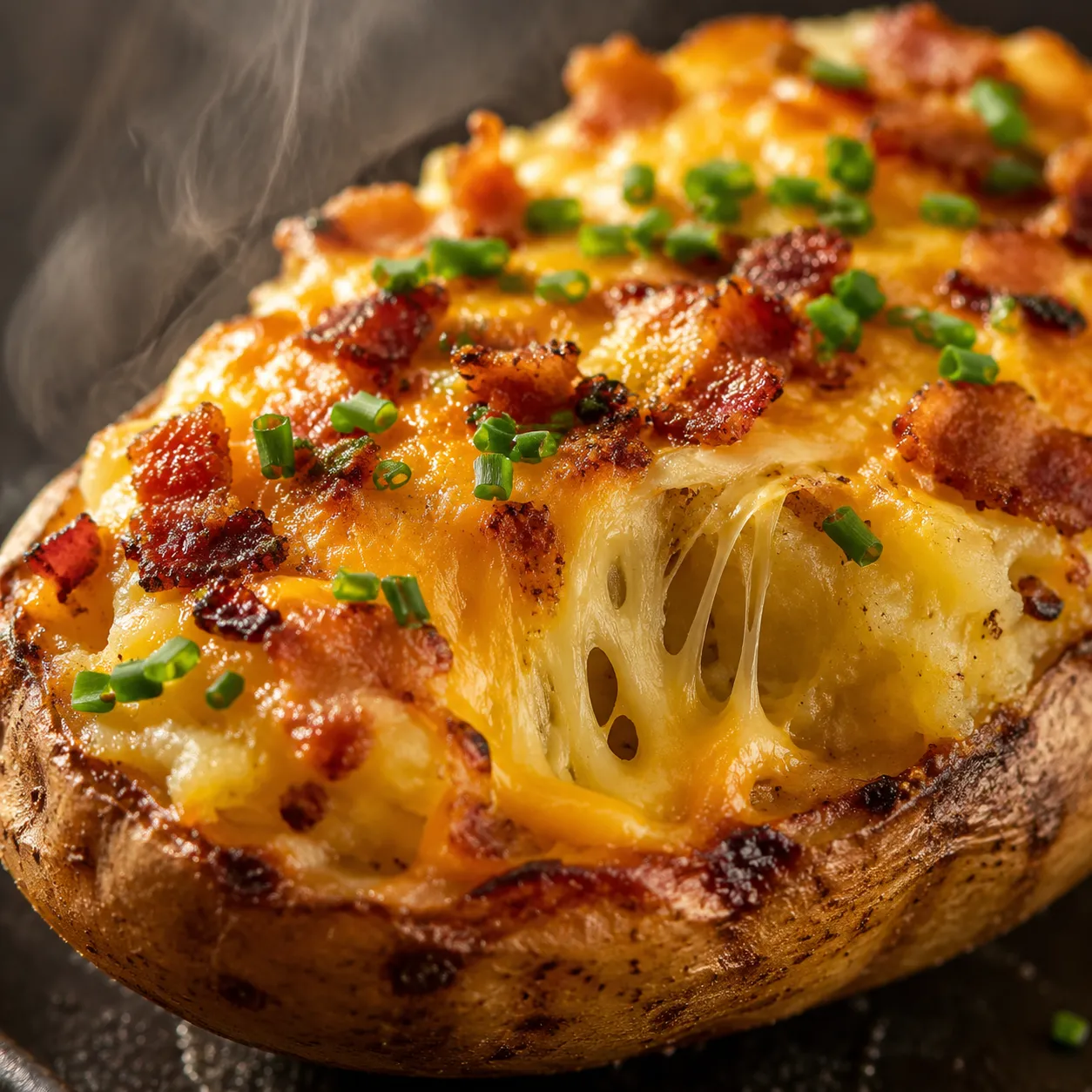 Close-up of golden bubbly cheese on top of a baked twice baked potato