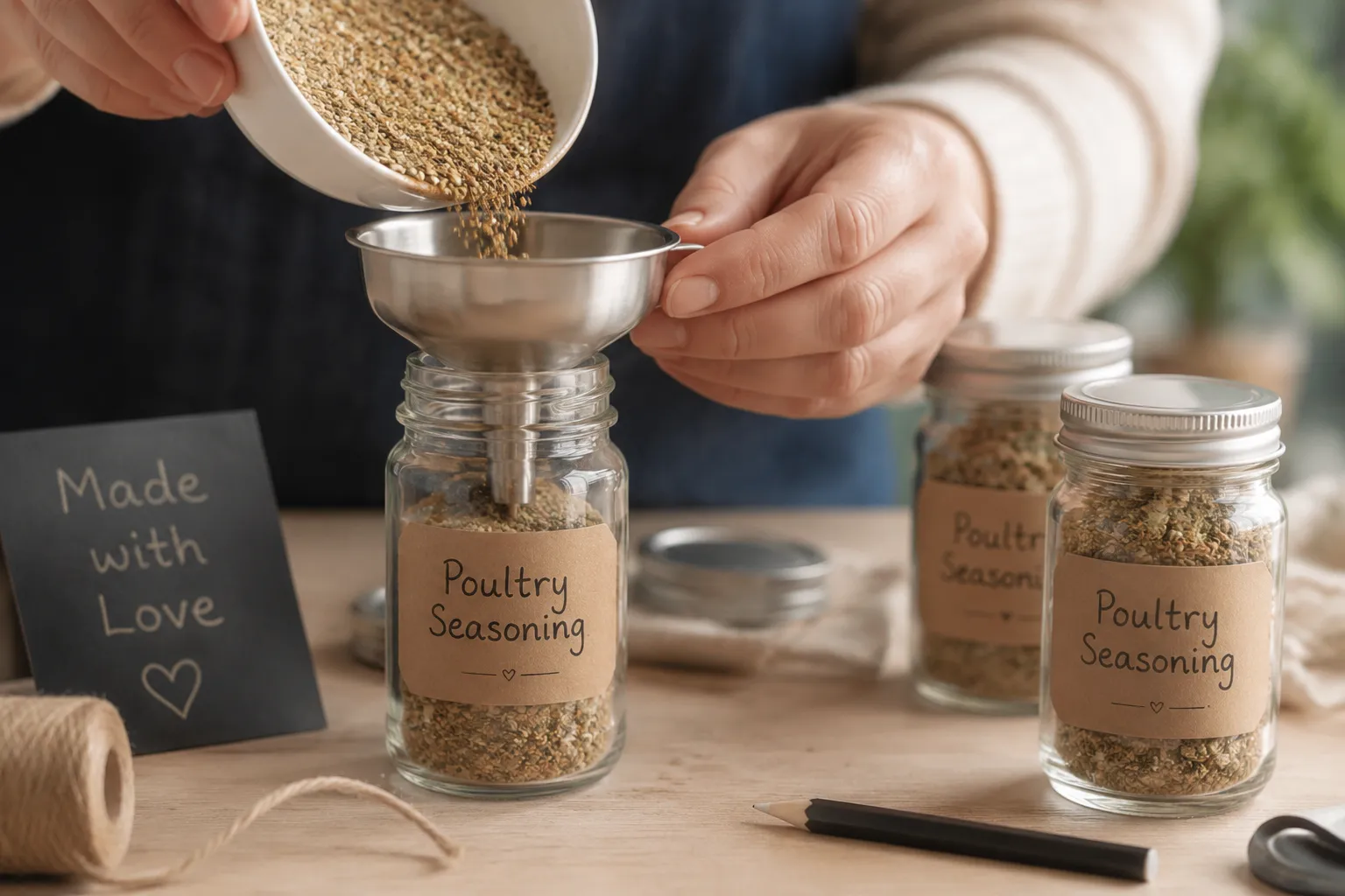 Filling glass jar with homemade poultry seasoning blend through funnel