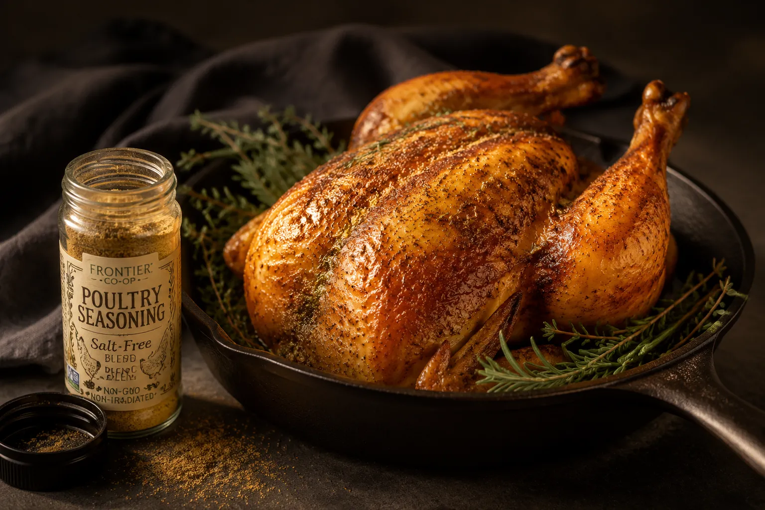 Roasted chicken seasoned with homemade poultry seasoning recipe