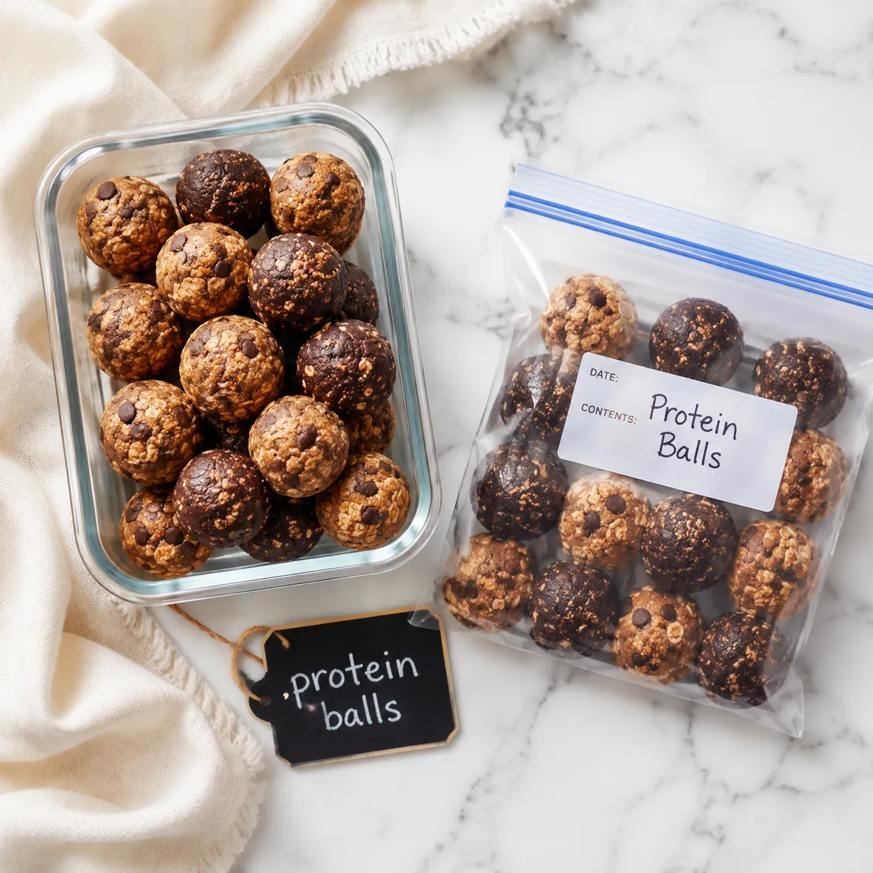 Storing homemade protein balls in fridge and freezer containers