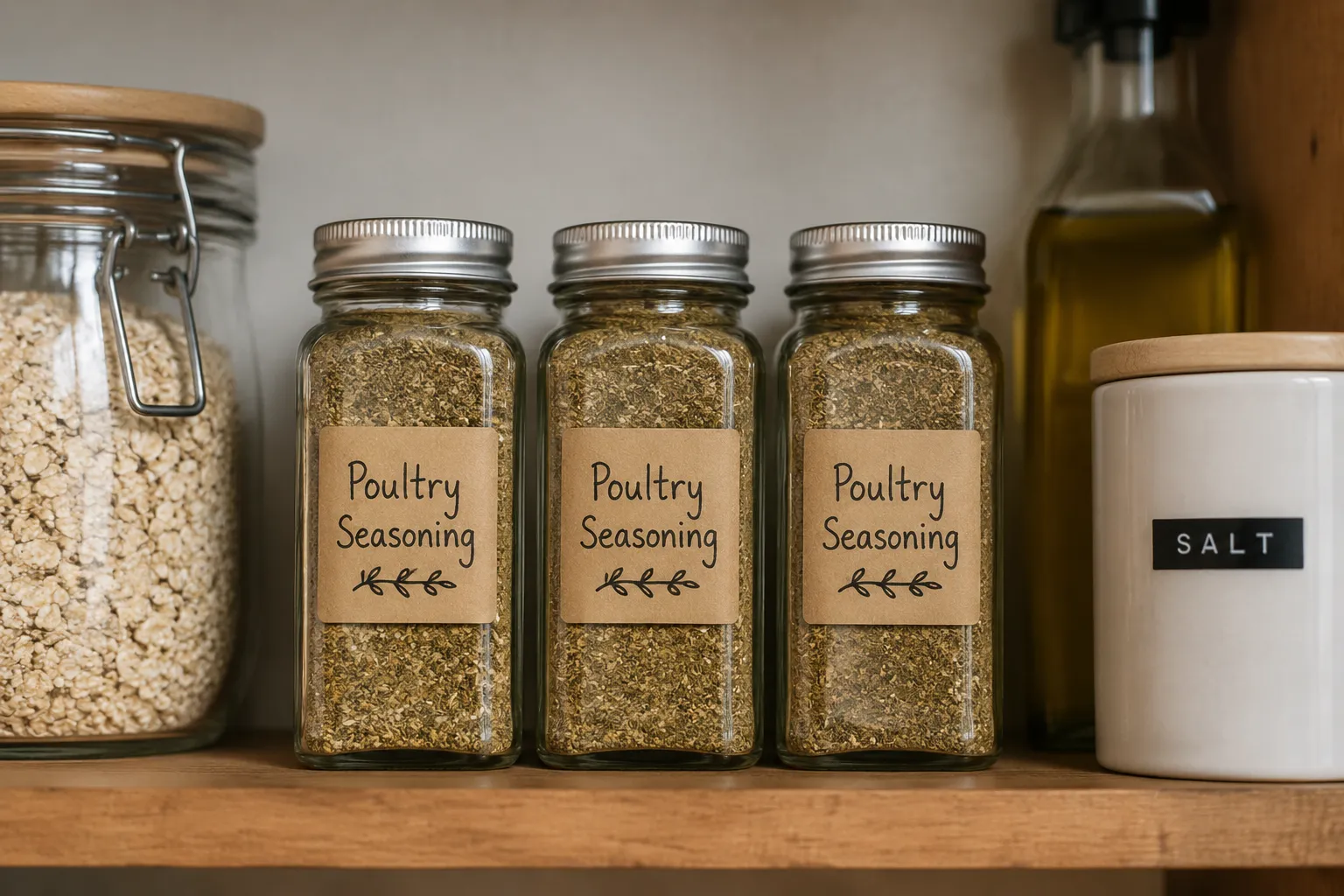 Homemade poultry seasoning stored in labeled glass jars on pantry shelf