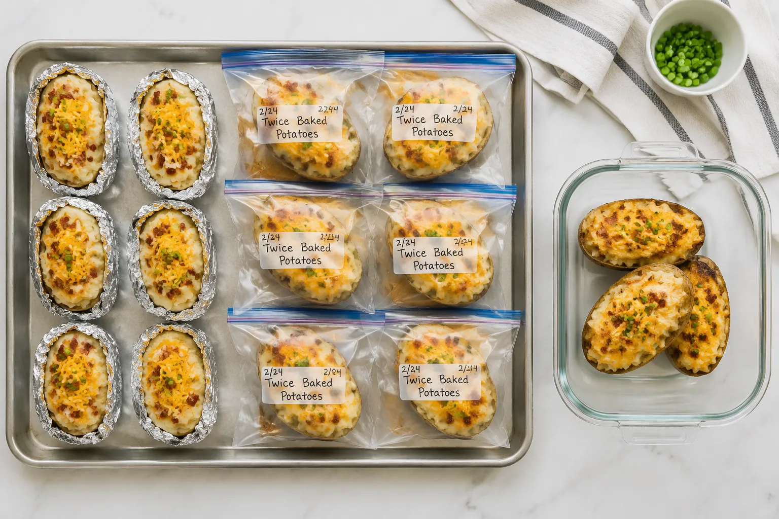 Make-ahead twice baked potatoes wrapped for freezing and storage