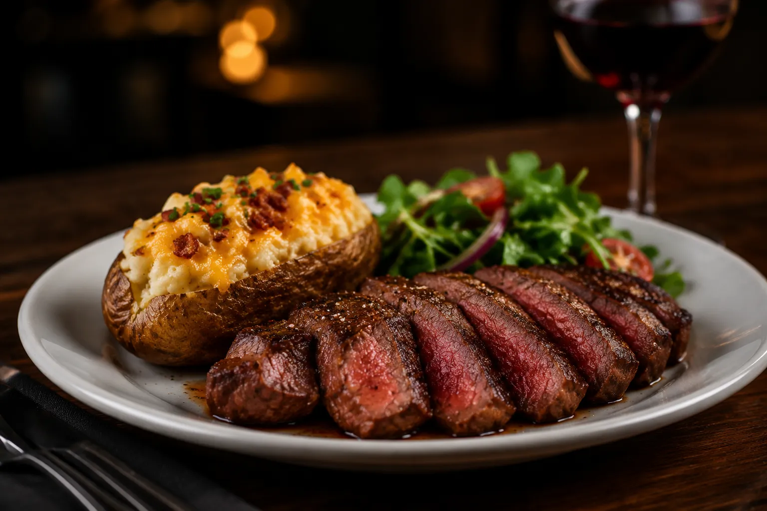 Twice baked potato served as a side dish with steak
