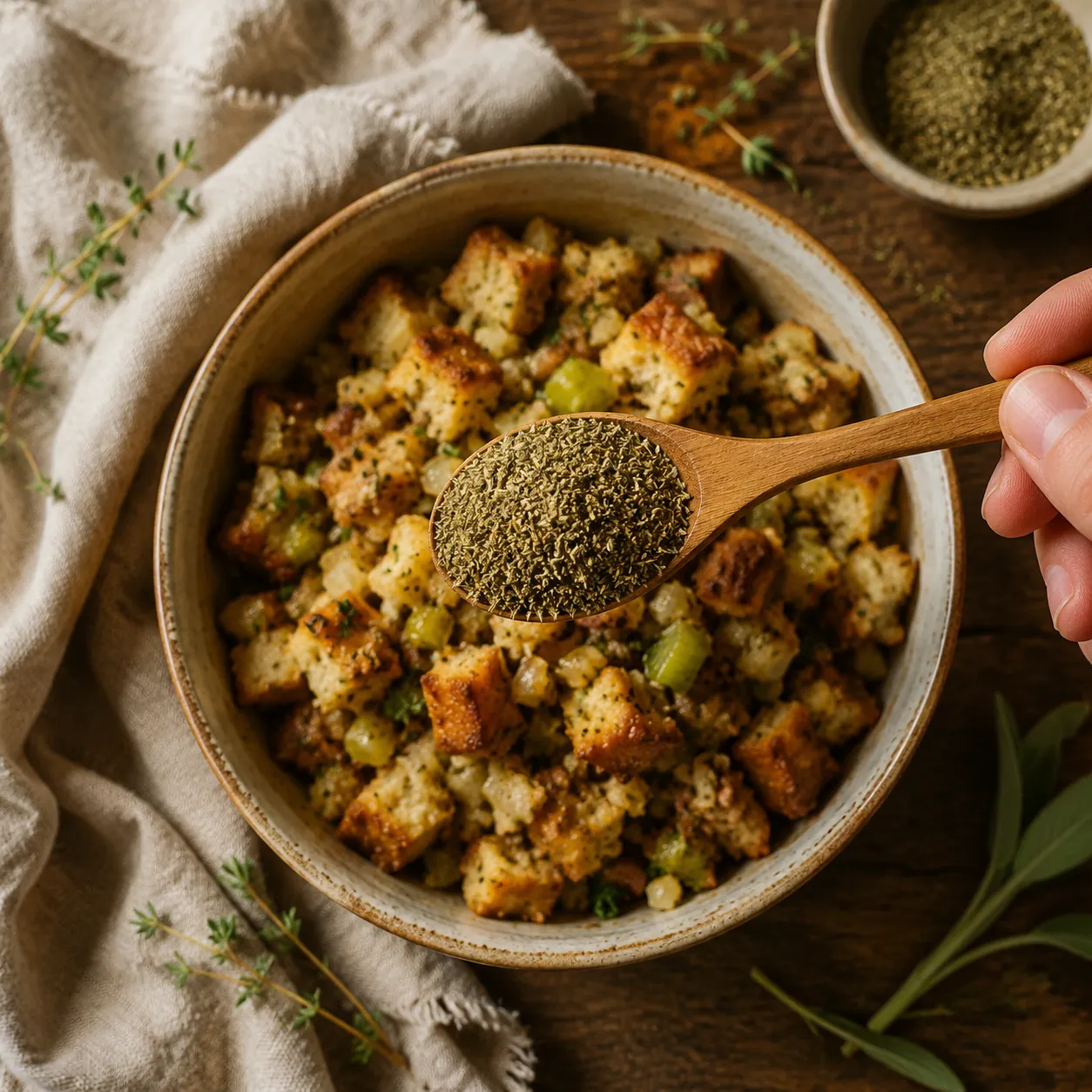 Sprinkling chicken seasoning over homemade stuffing in ceramic bowl