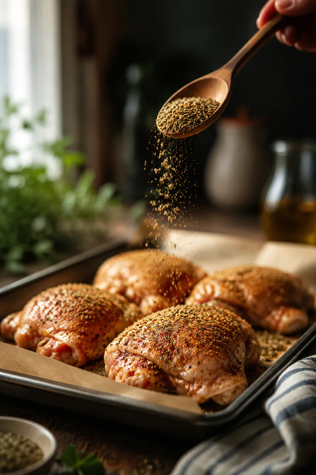 Sprinkling poultry seasoning over raw chicken thighs as a dry rub