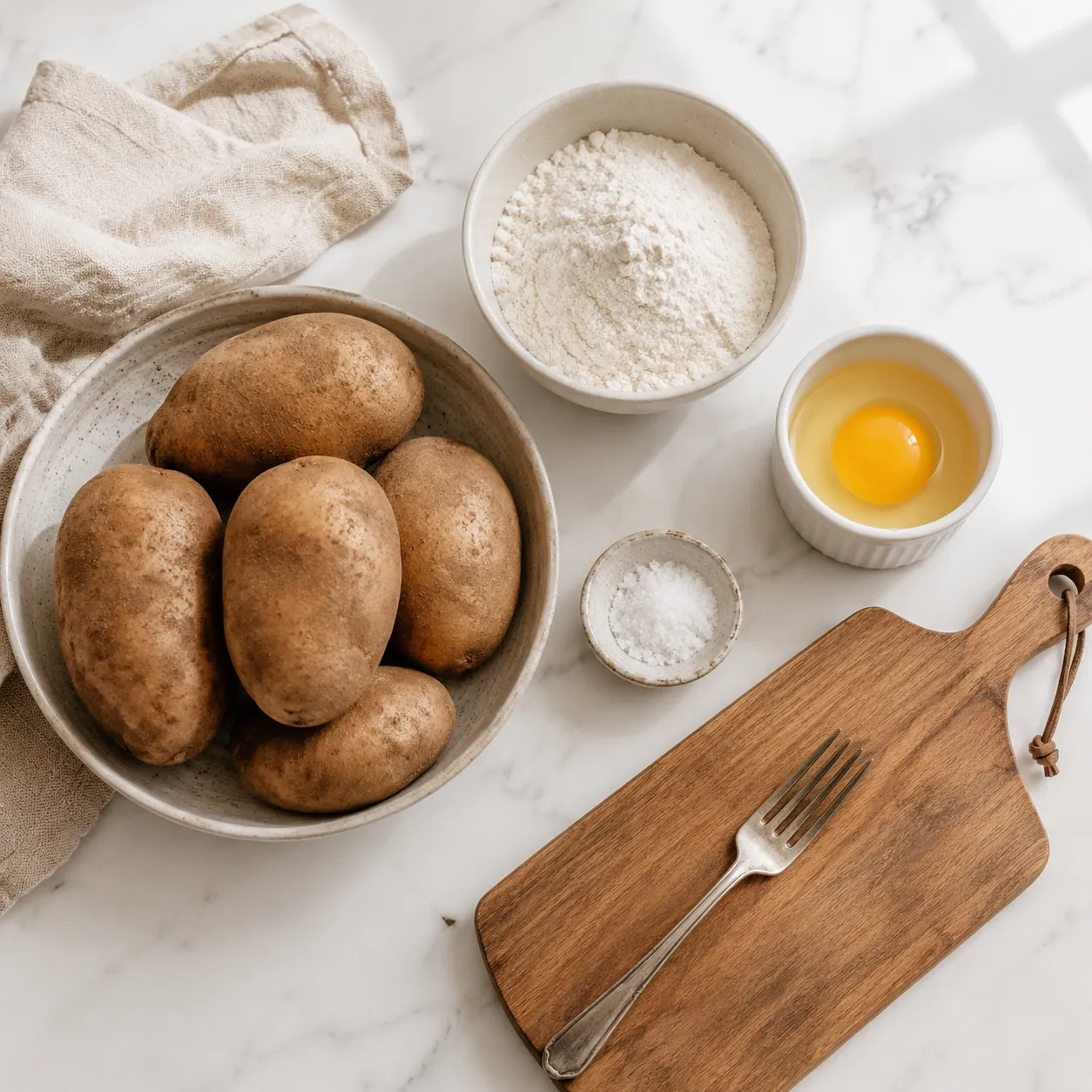 Ingredients for homemade gnocchi recipe: russet potatoes, flour, egg, salt