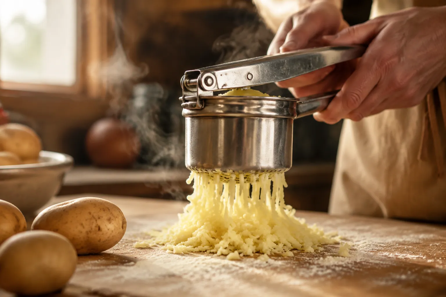 Ricing baked russet potatoes for homemade gnocchi dough