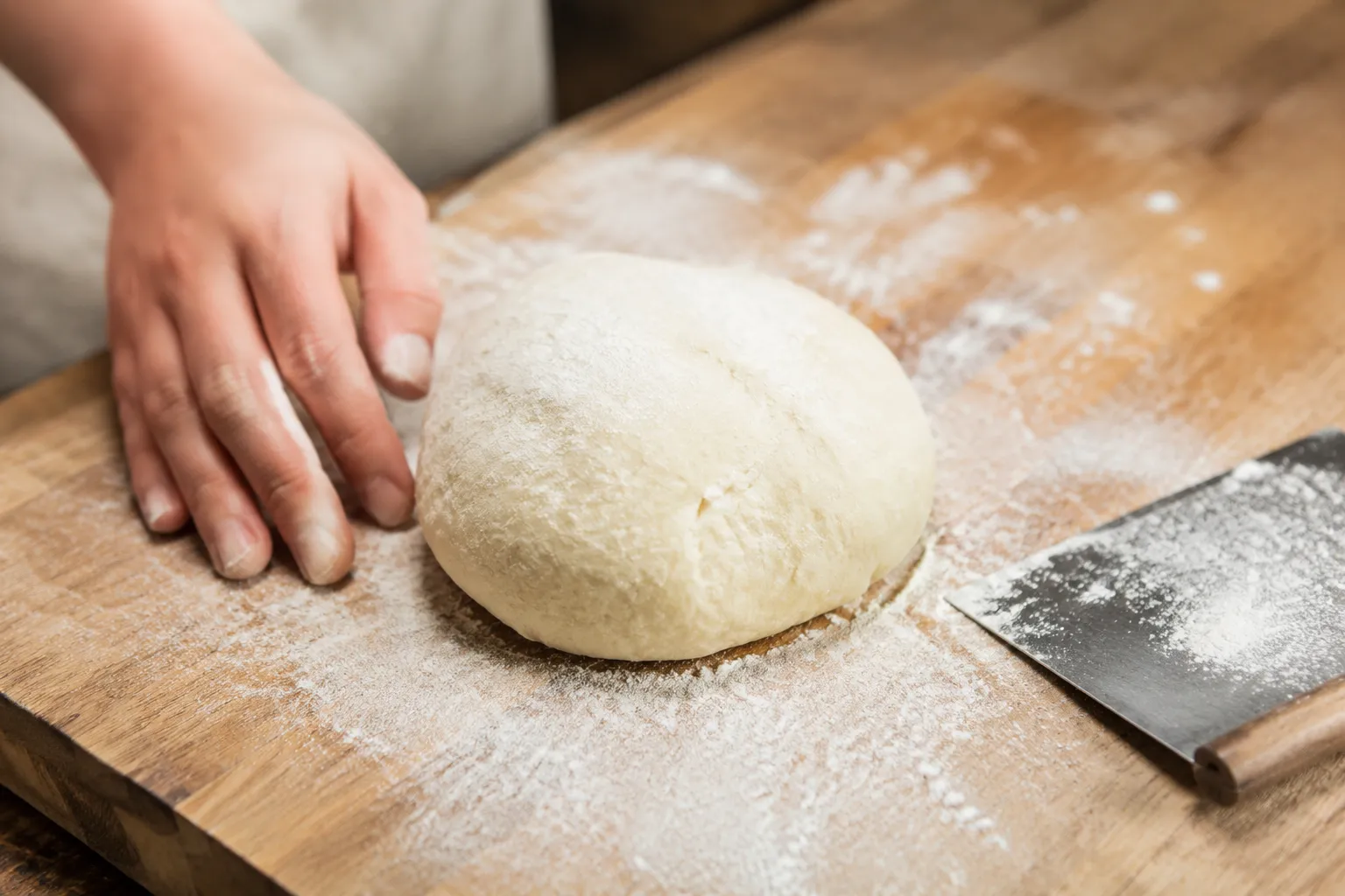 Gently kneading homemade gnocchi dough on a floured board