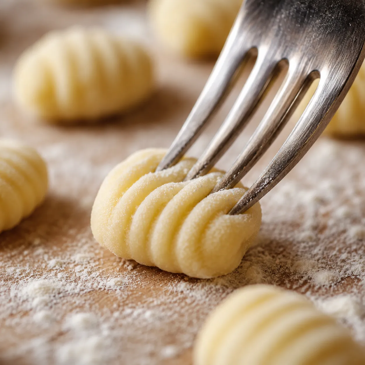Shaping ridges on gnocchi with a fork for the classic gnocchi recipe