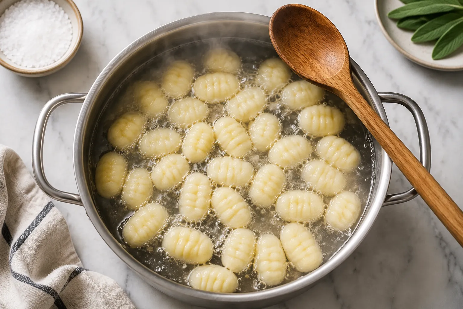 Boiling fresh homemade gnocchi until they float to the surface