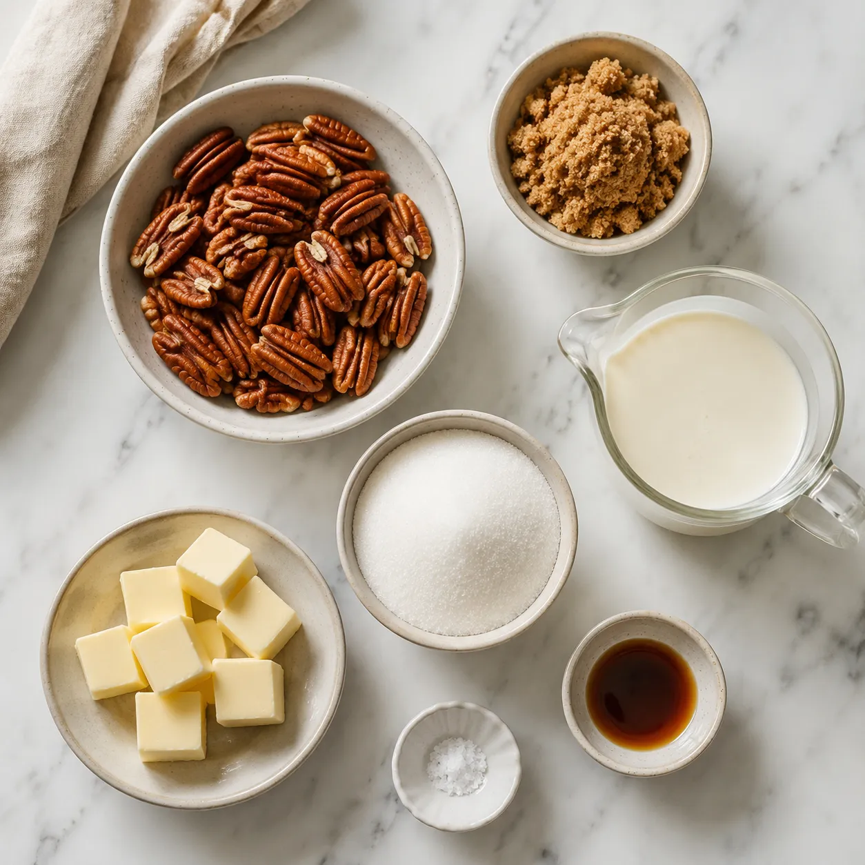 Ingredients for Southern praline recipe arranged in bowls on marble