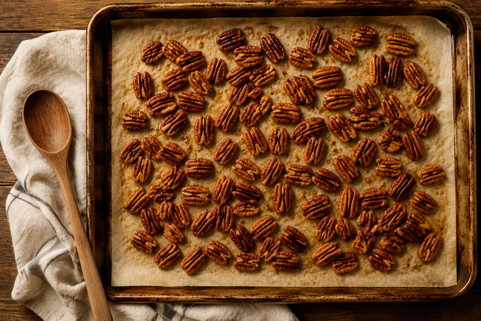 Toasted pecan halves on a sheet pan for praline candy