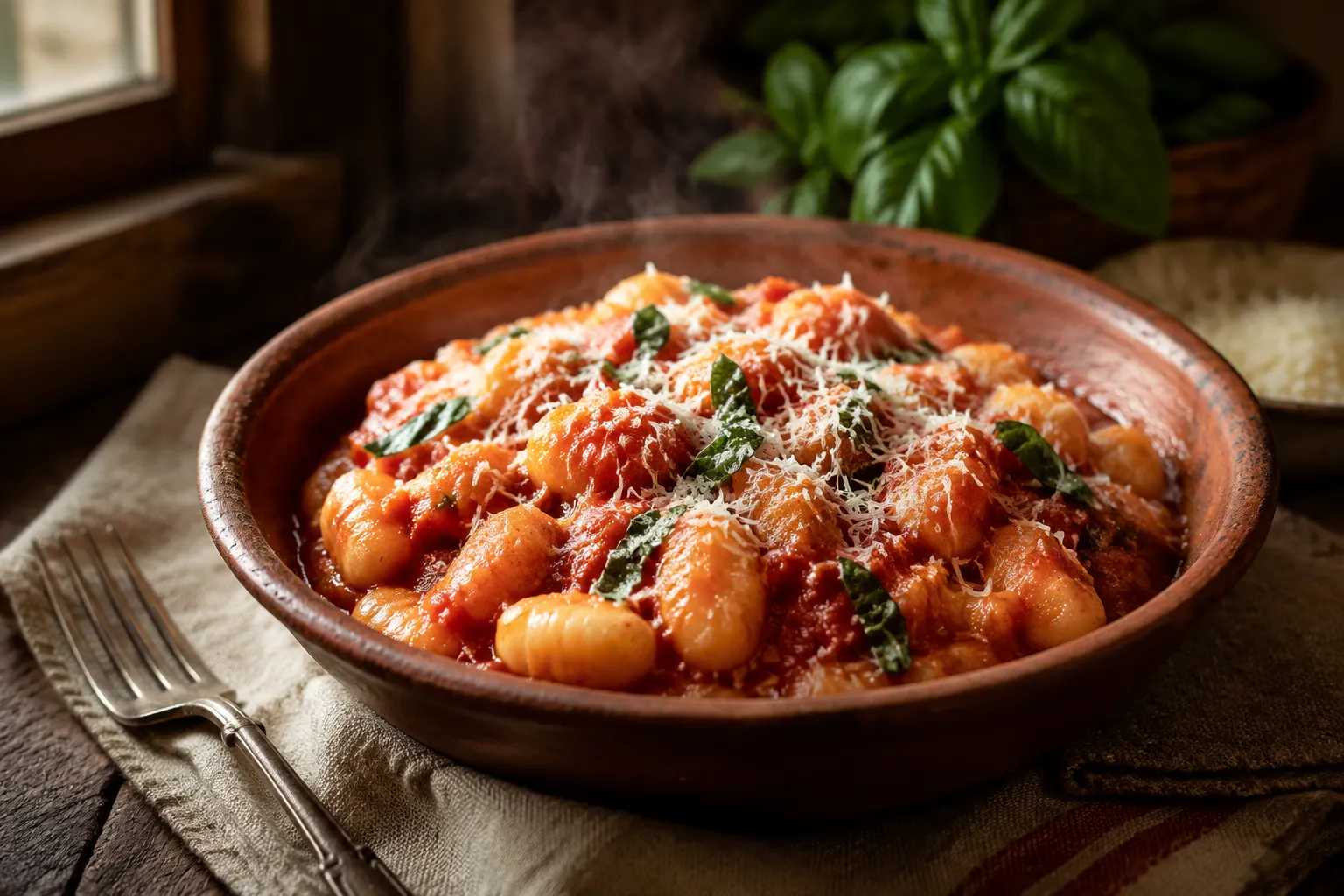 Finished gnocchi recipe tossed in marinara with fresh basil and Parmesan