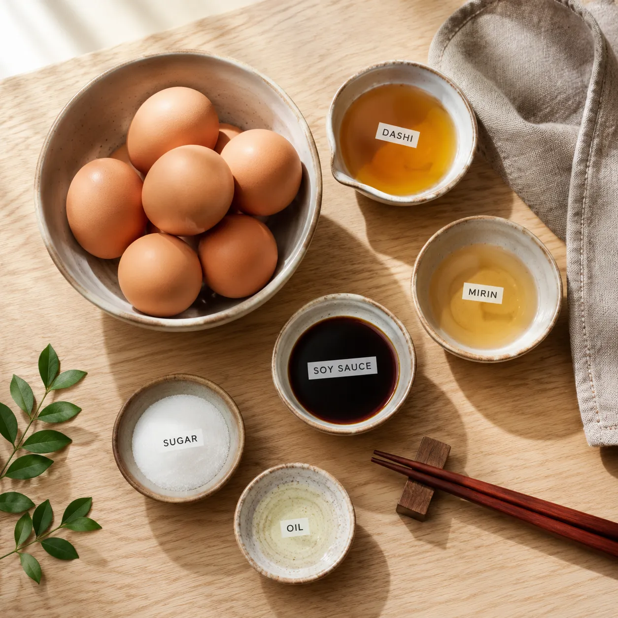 Tamago ingredients flatlay with eggs, dashi, mirin, soy sauce, and sugar