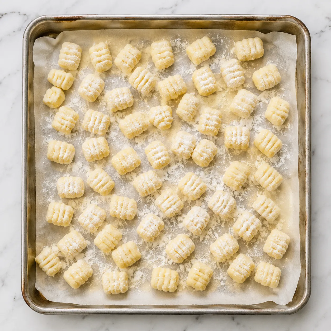 Freezing homemade gnocchi on a floured sheet pan for later use