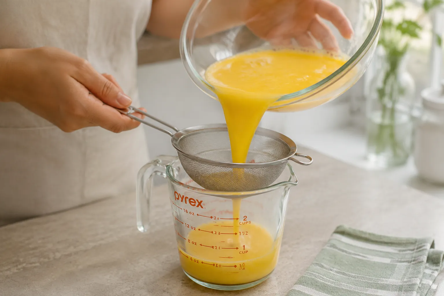 Whisking and straining the egg mixture for tamagoyaki