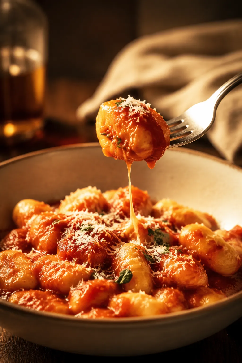 Forkful of gnocchi recipe with sauce and melted Parmesan