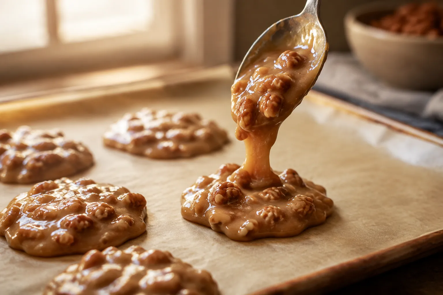 Dropping spoonfuls of praline mixture onto parchment to set