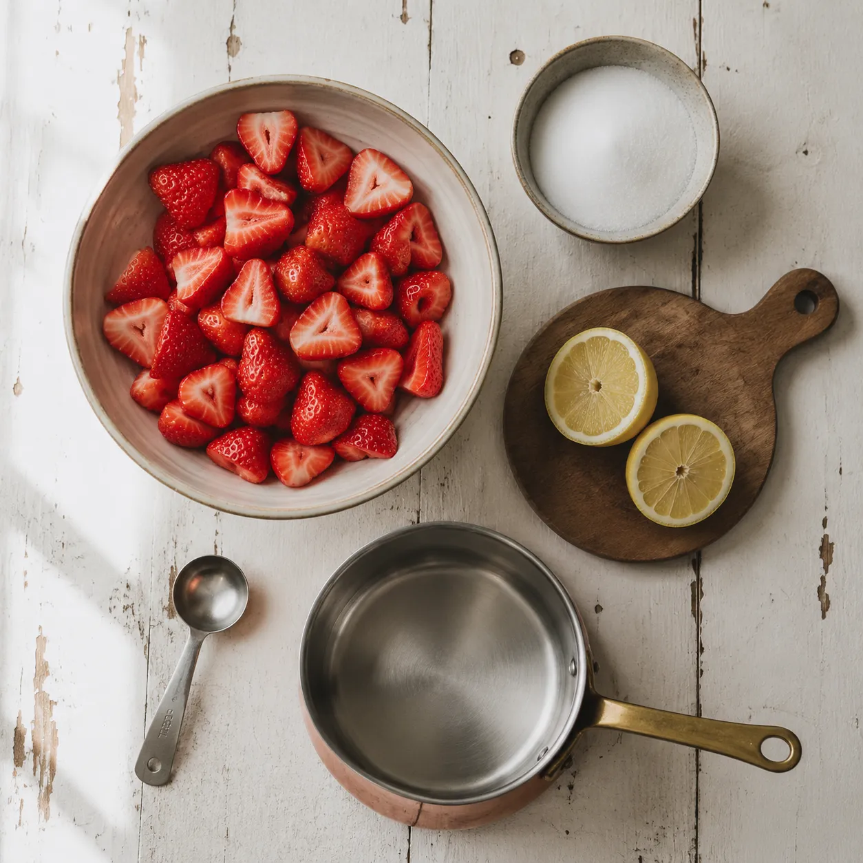 Strawberry jam recipe ingredients flatlay with strawberries, sugar, and lemons