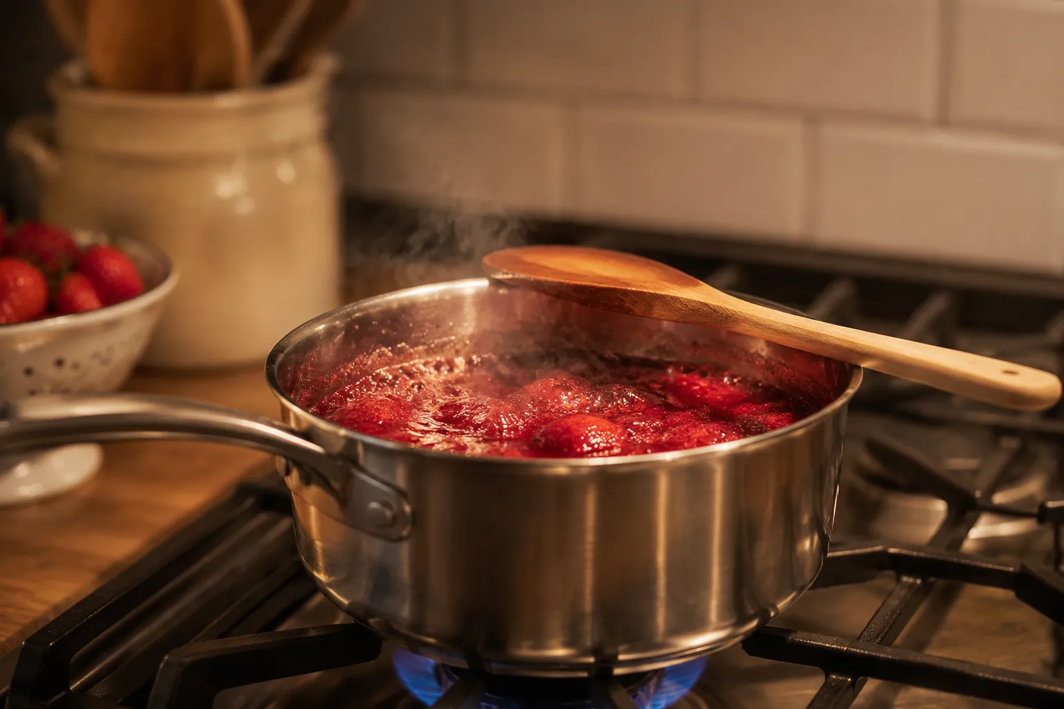 Strawberry jam simmering in a saucepan to reach the gel point