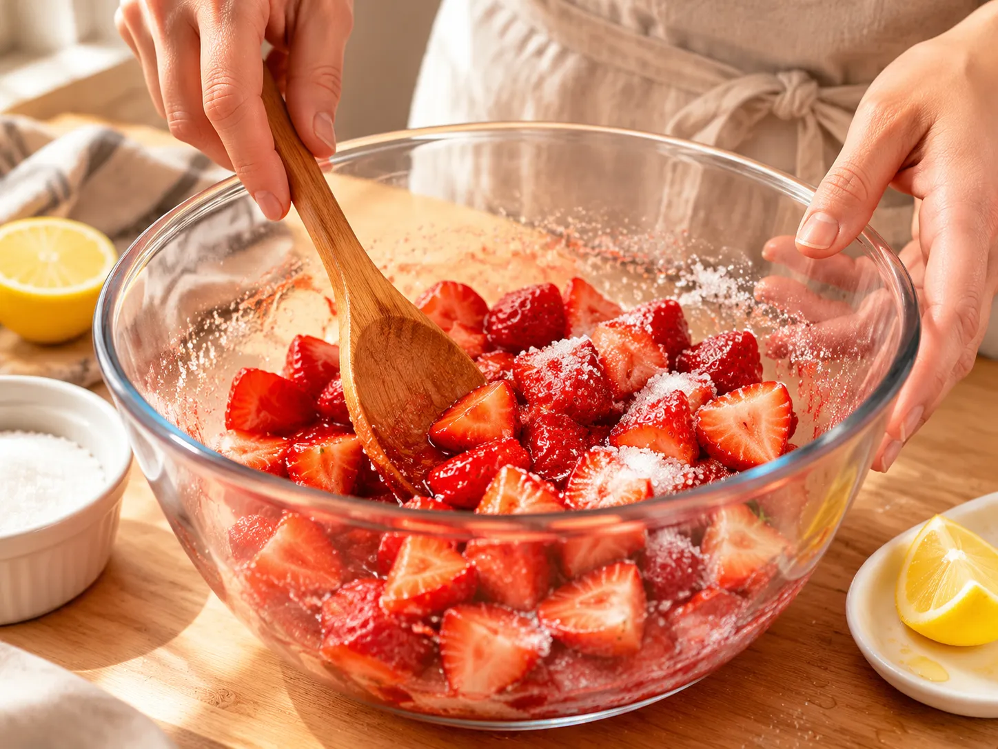 Macerating strawberries with sugar and lemon juice for homemade strawberry jam
