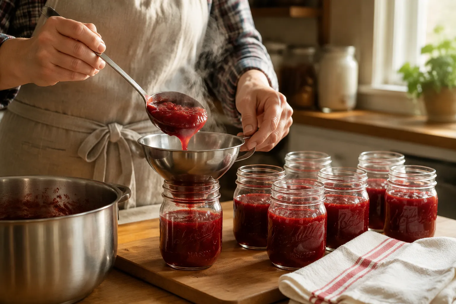 Filling mason jars with homemade strawberry jam using a canning funnel