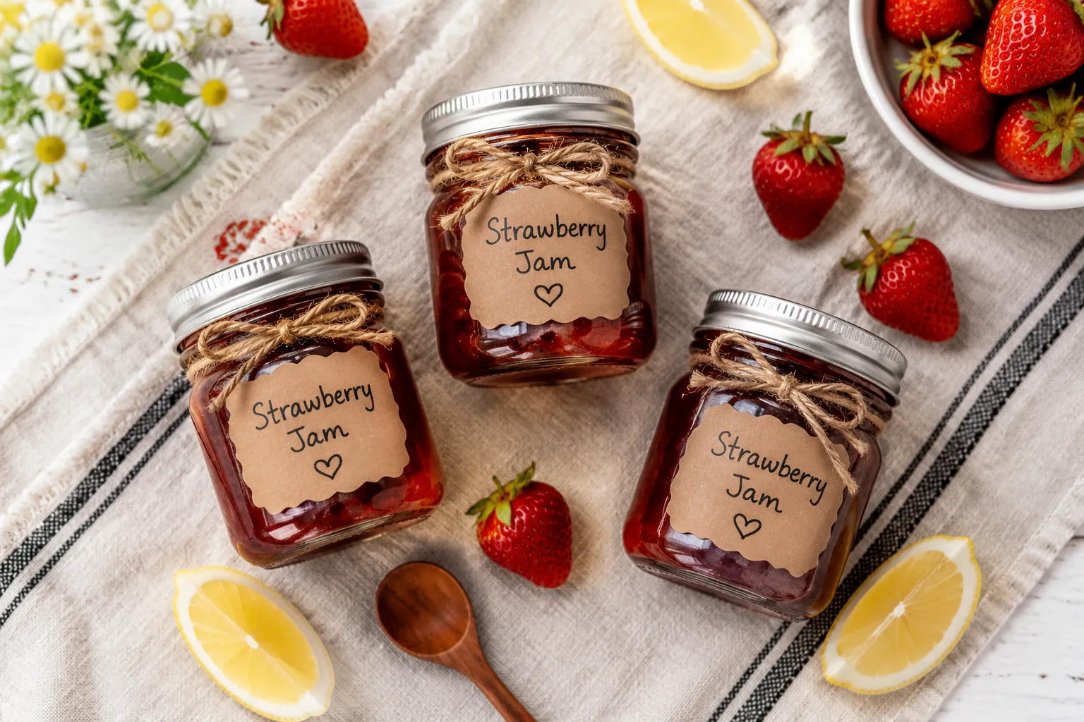 Finished jars of homemade strawberry jam with labels and fresh berries