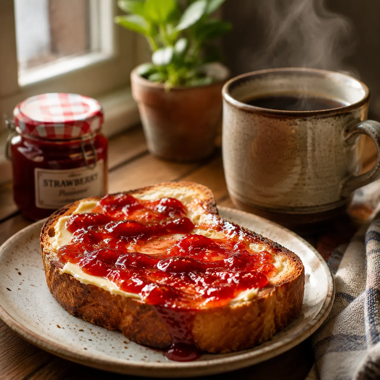 Sourdough toast with homemade strawberry jam for breakfast
