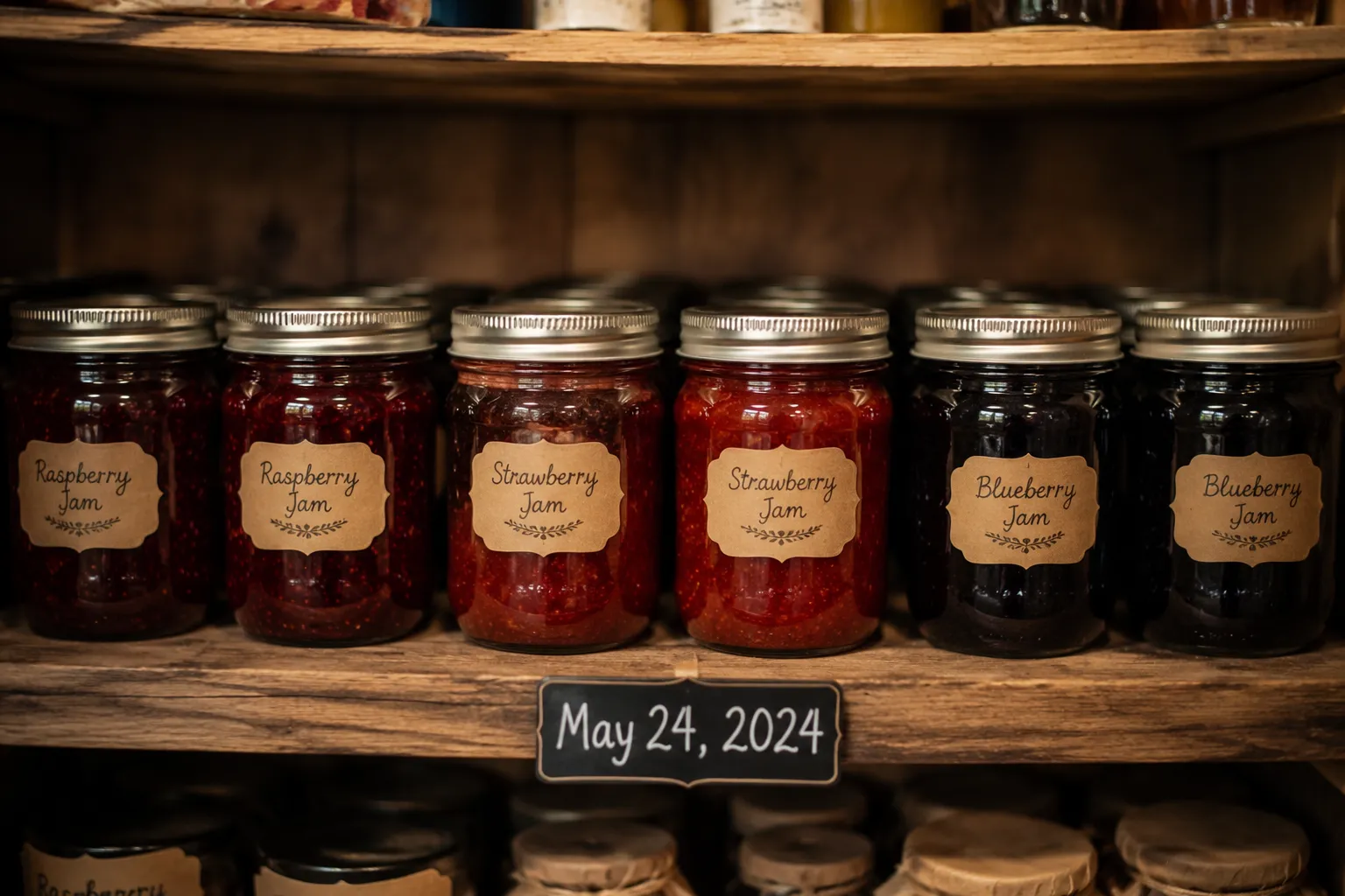 Storing homemade strawberry jam in sealed jars on a pantry shelf