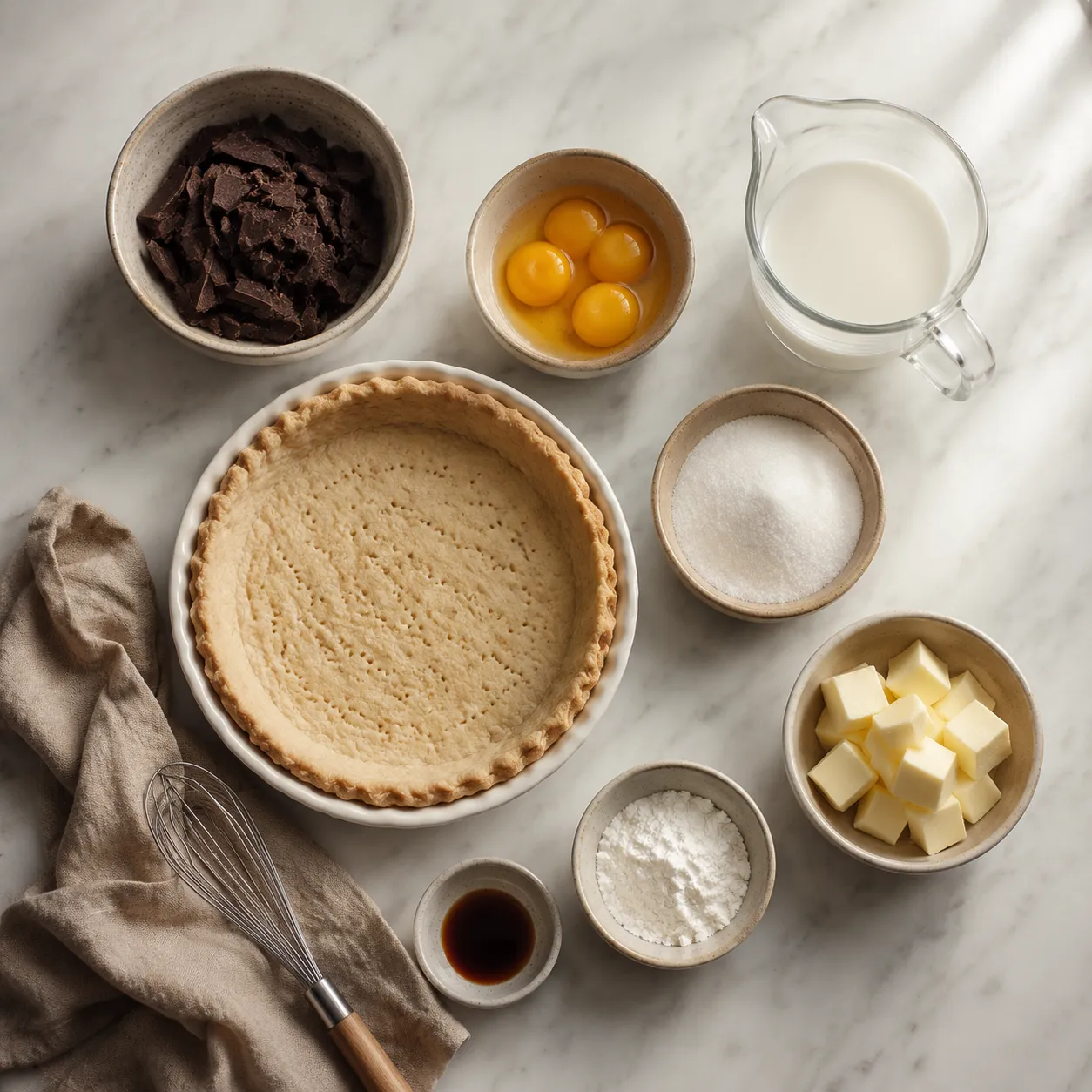 Chocolate pie recipe ingredients flatlay with chopped chocolate, milk, eggs, sugar, and pie crust