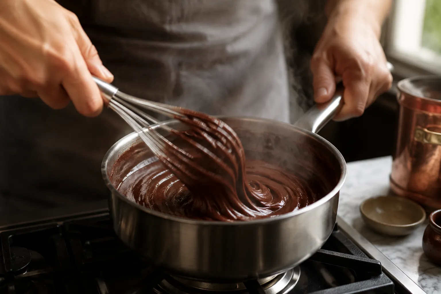 Whisking thick chocolate custard filling for chocolate pie recipe in a saucepan