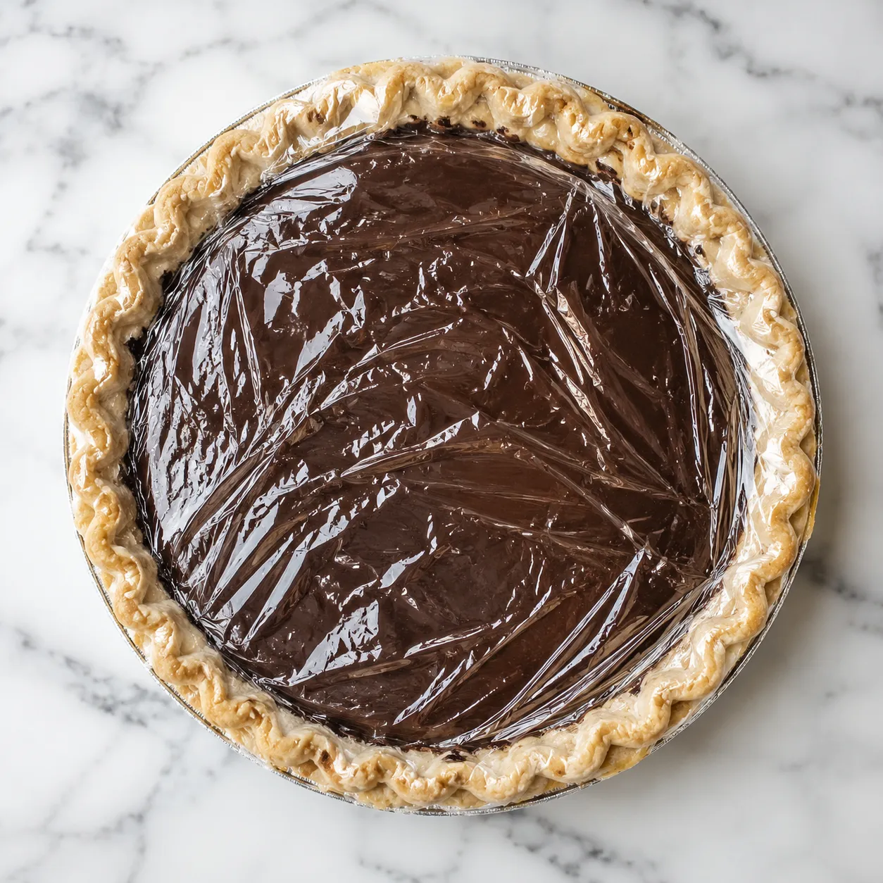 Pressing plastic wrap onto chocolate pie filling surface to chill