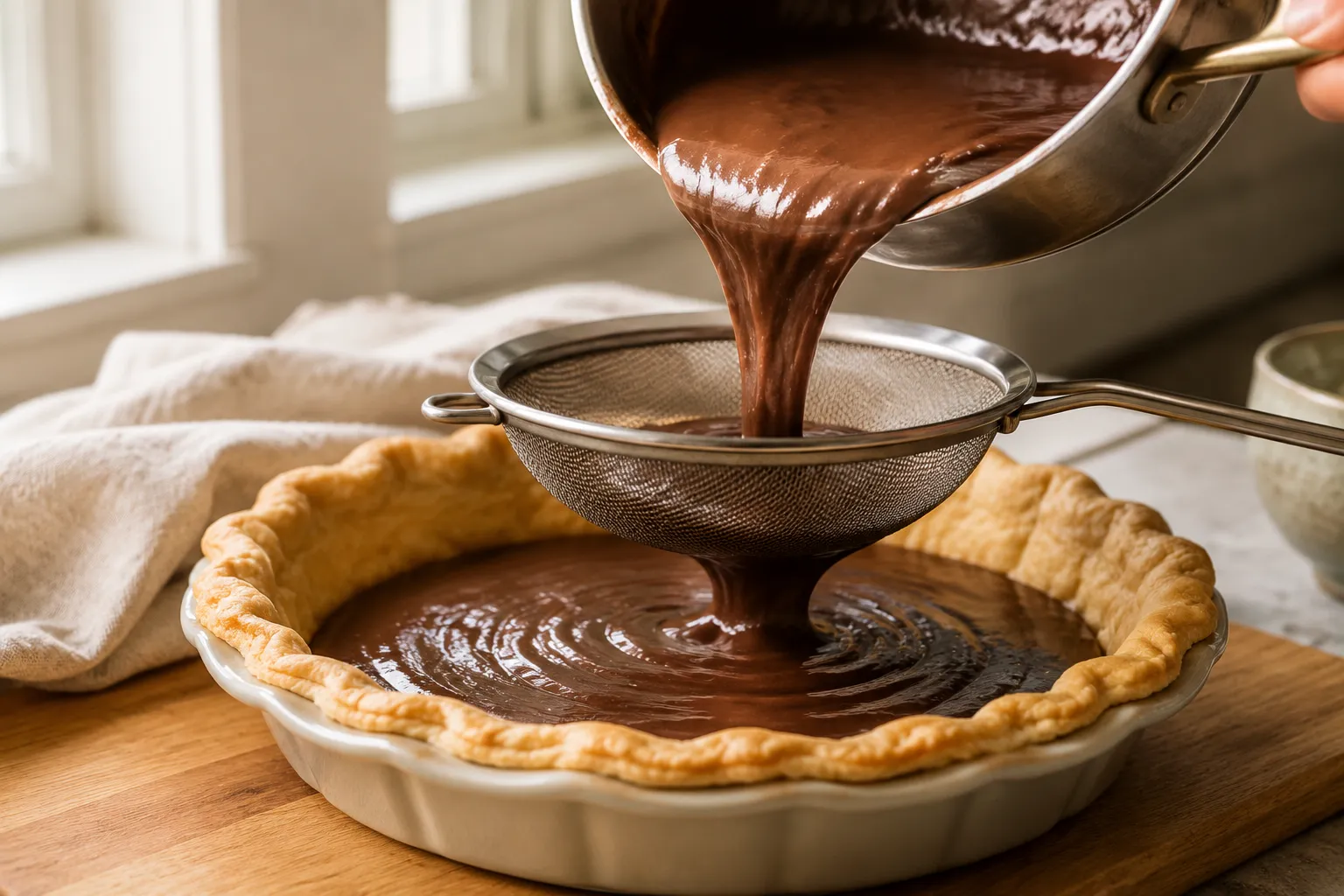 Pouring silky chocolate filling through a strainer into pie crust for chocolate pie recipe