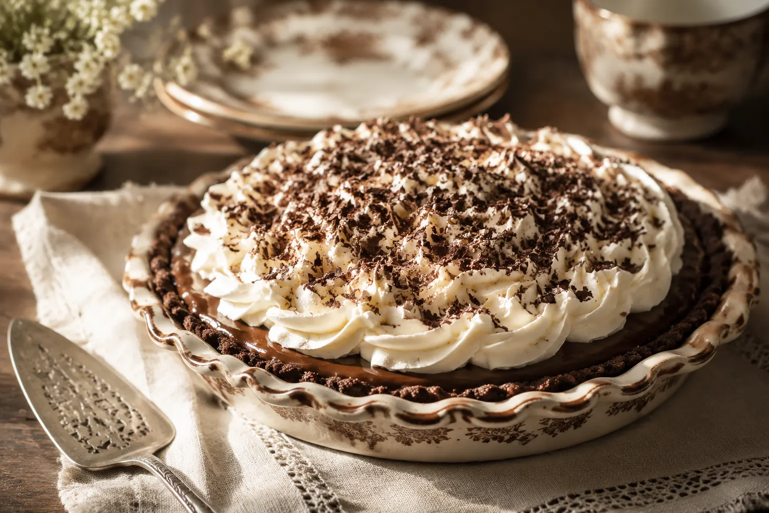 Finished chocolate cream pie topped with whipped cream and chocolate shavings