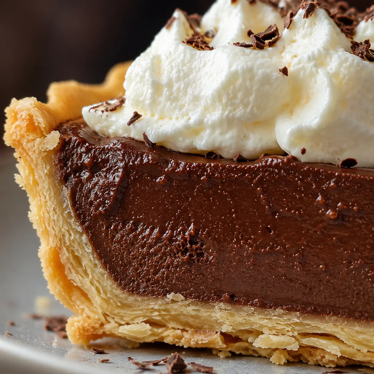 Macro close-up of chocolate pie recipe slice showing flaky crust and silky filling layers