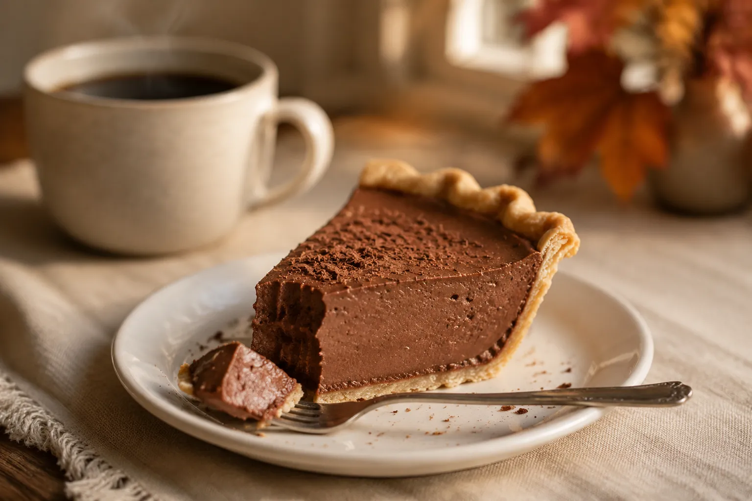 Slice of chocolate pie served with coffee on a dessert plate