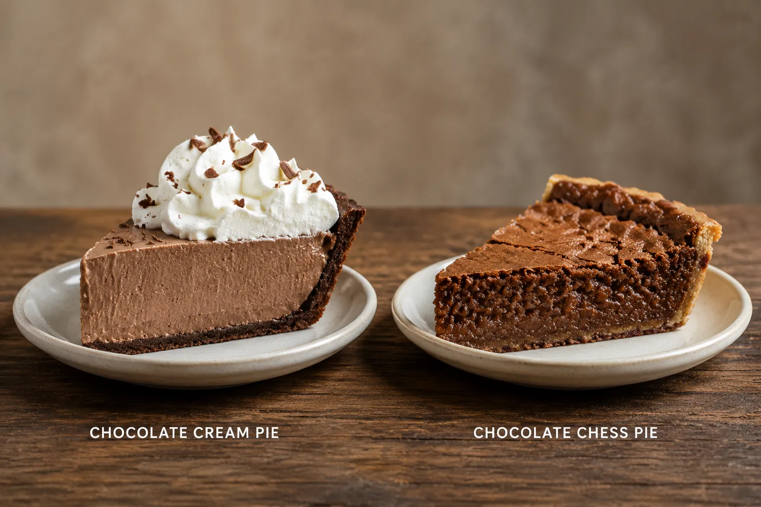 Chocolate cream pie and chocolate chess pie slices side by side comparison