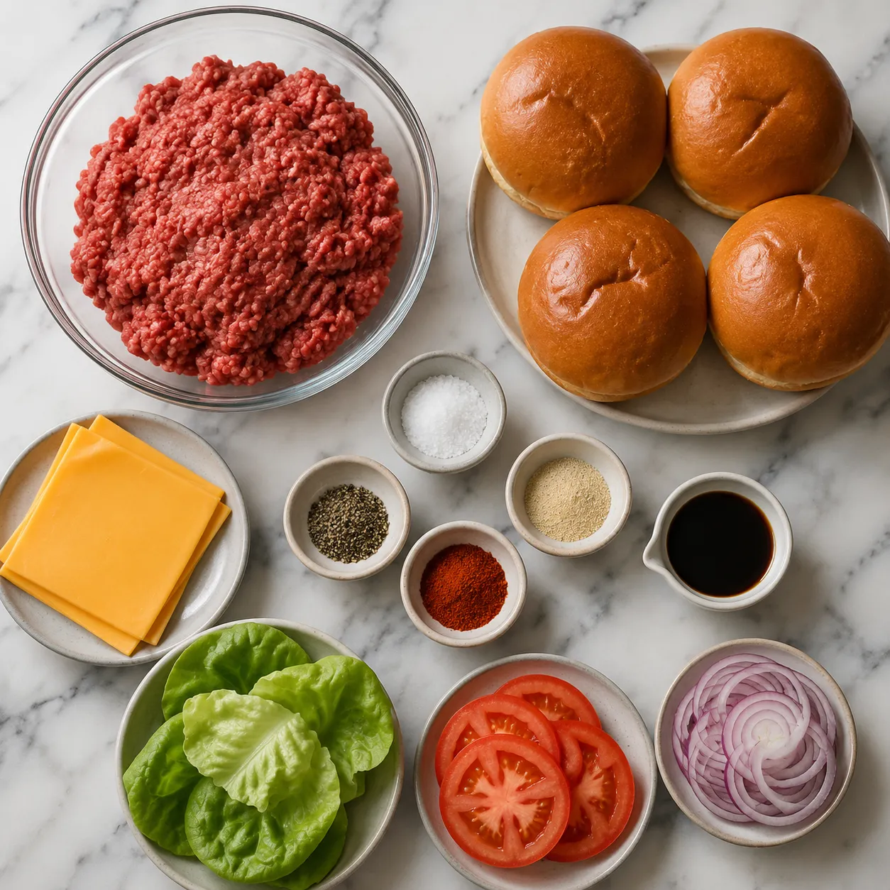 Ingredients for air fryer burgers including 80/20 ground beef and brioche buns