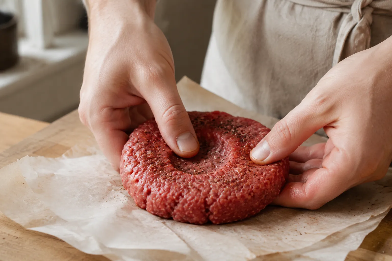 Shaping ground beef patties with a thumbprint dimple for air fryer hamburgers