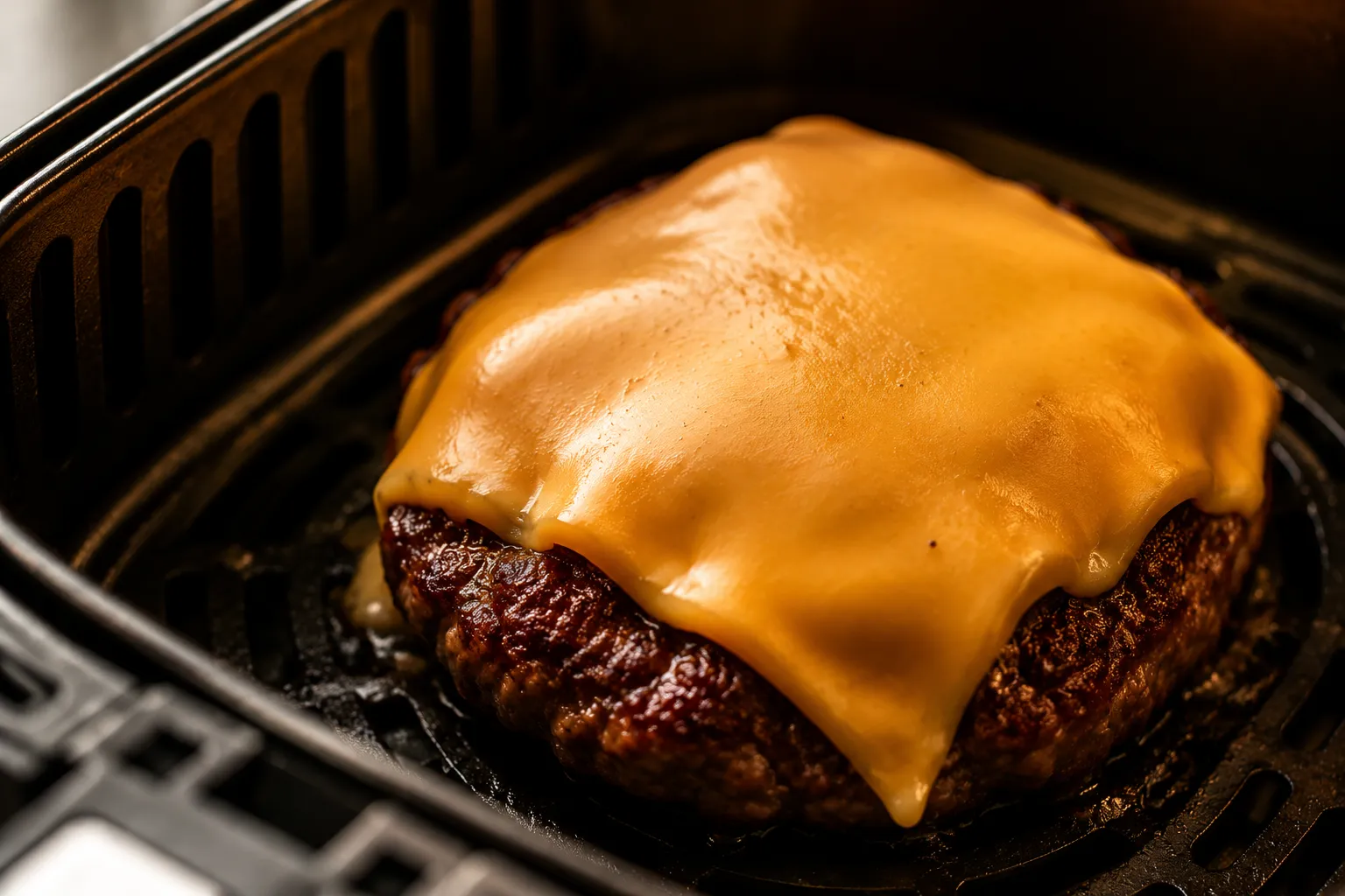 Melting cheese on air fried hamburgers in the air fryer basket