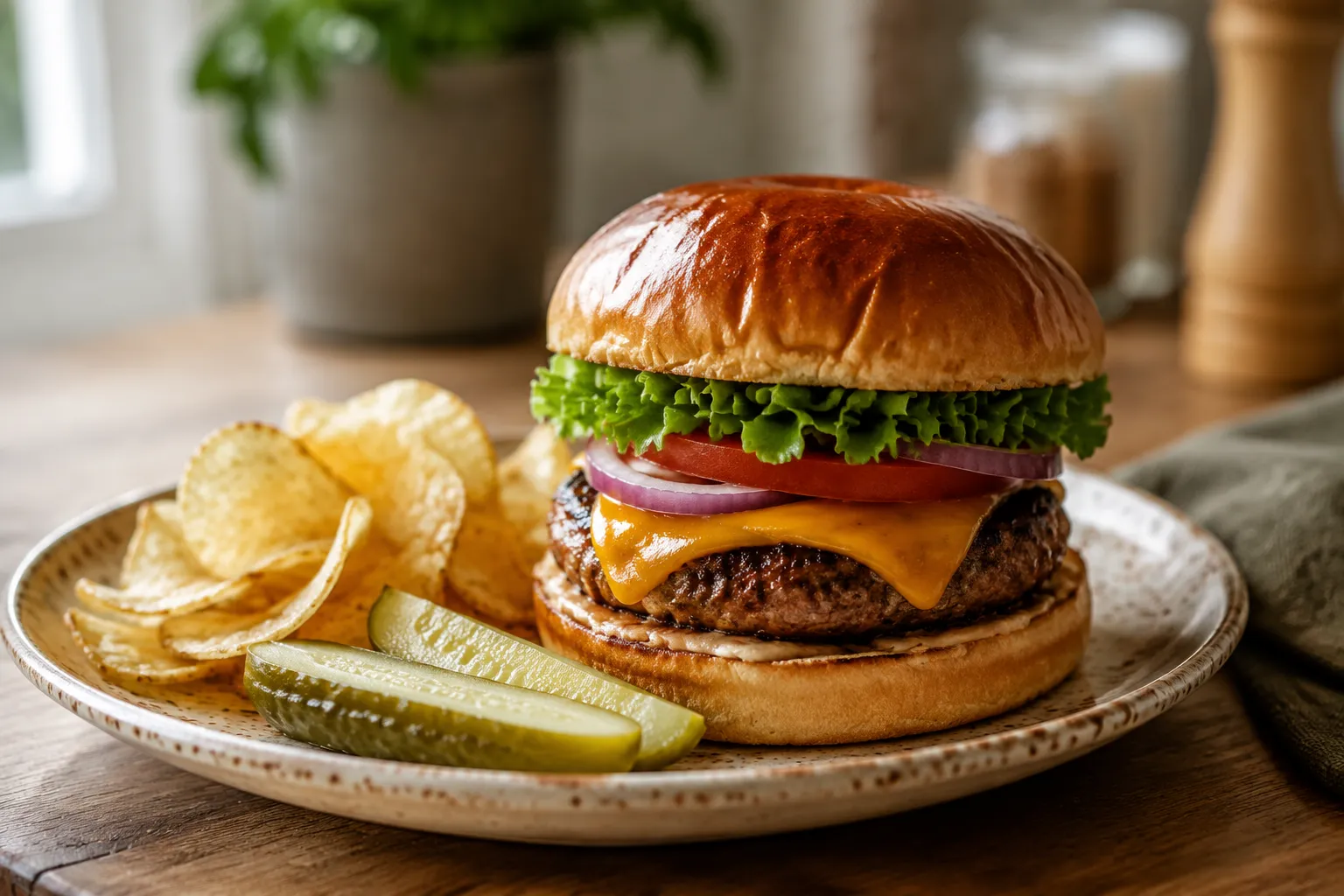 Plated air fryer cheeseburger with pickles and chips