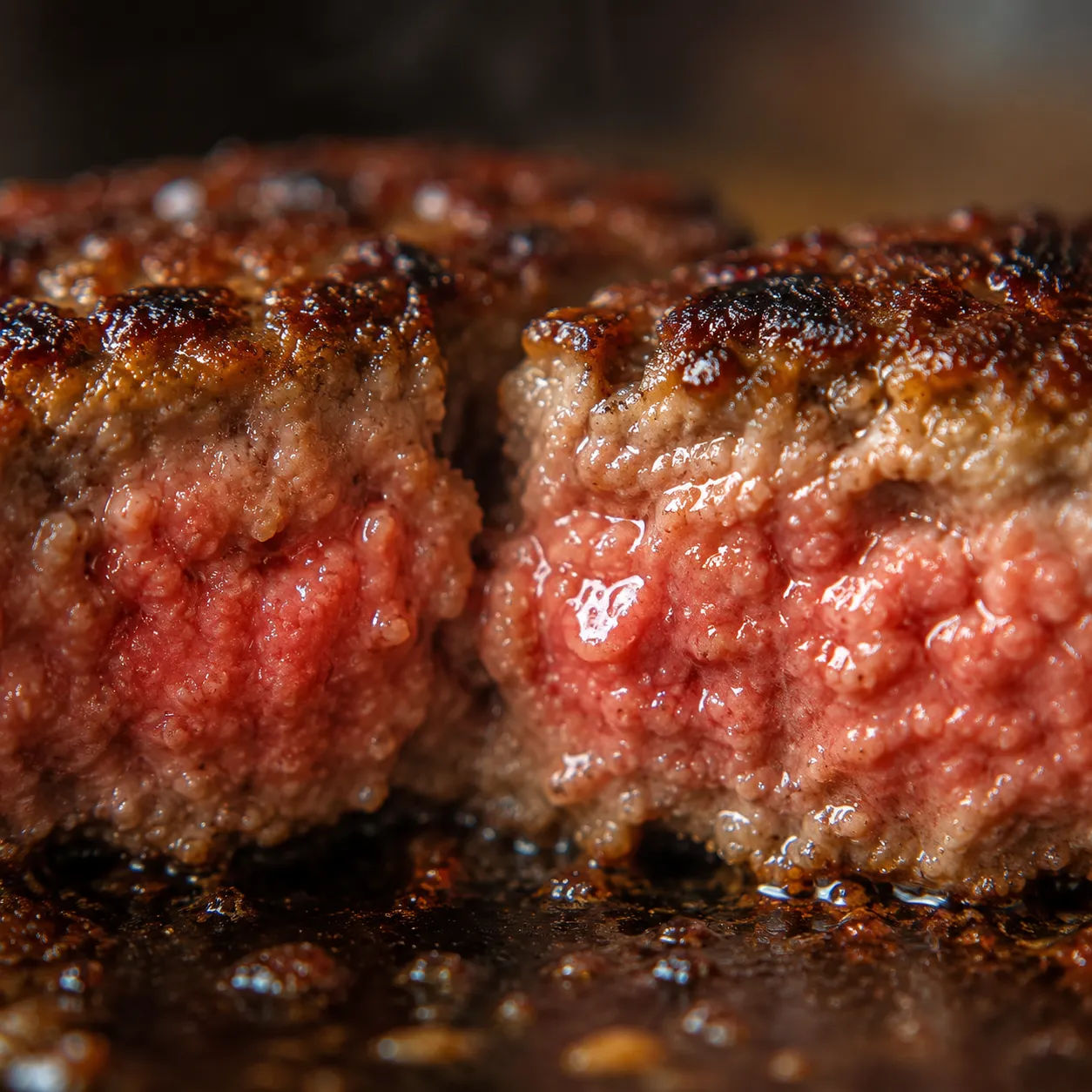 Juicy interior of an air fryer burger cooked to medium doneness